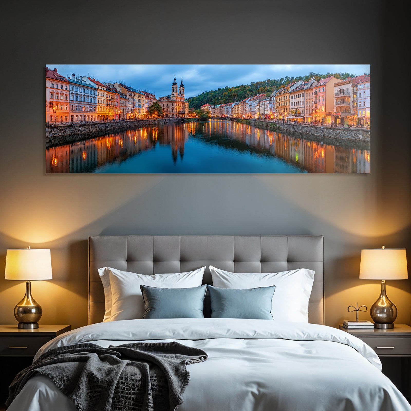 Riverside Town Dusk Scenery Mit Warmen Lichtern Und Architektonischem Charme