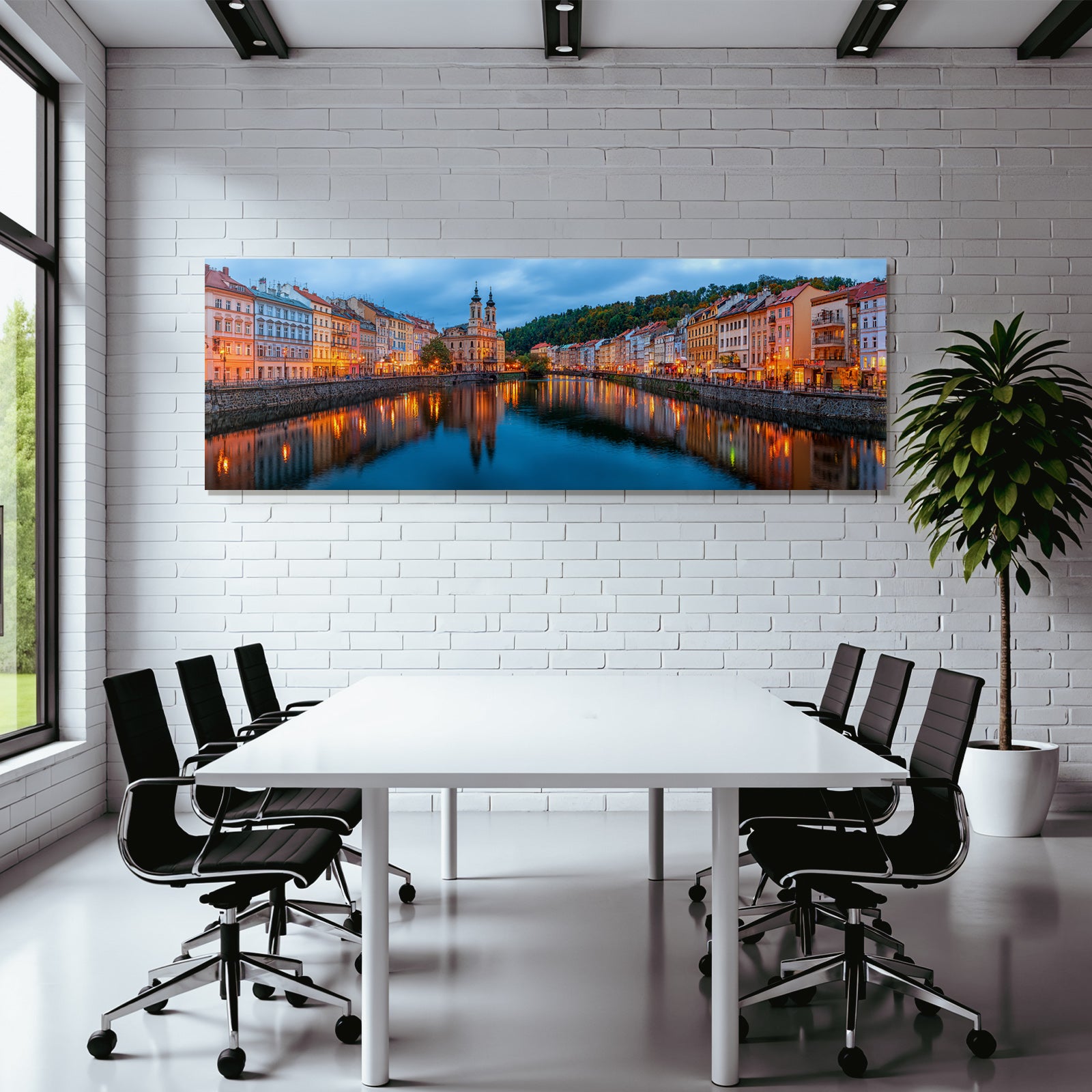 Riverside Town Dusk Scenery Mit Warmen Lichtern Und Architektonischem Charme