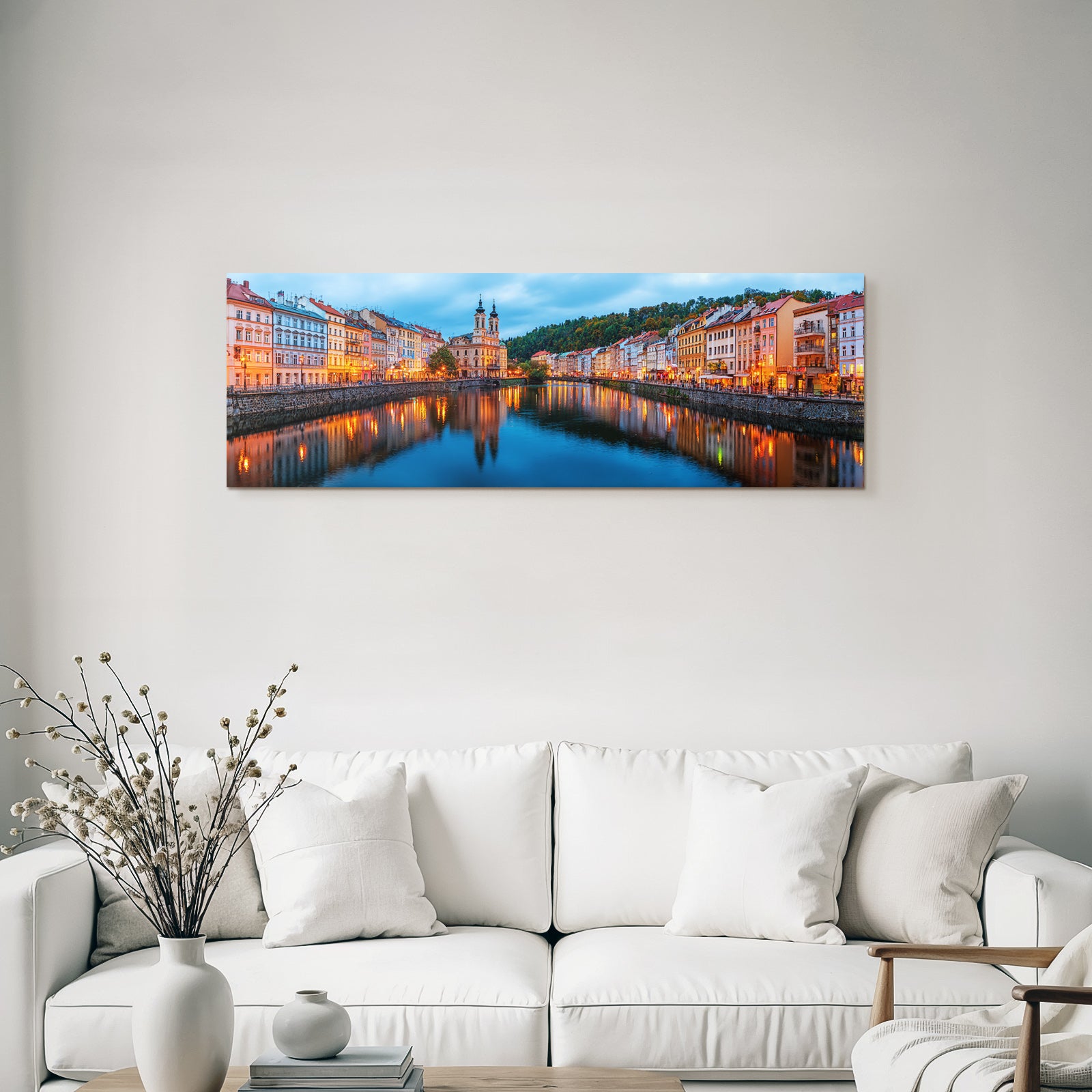 Riverside Town Dusk Scenery Mit Warmen Lichtern Und Architektonischem Charme