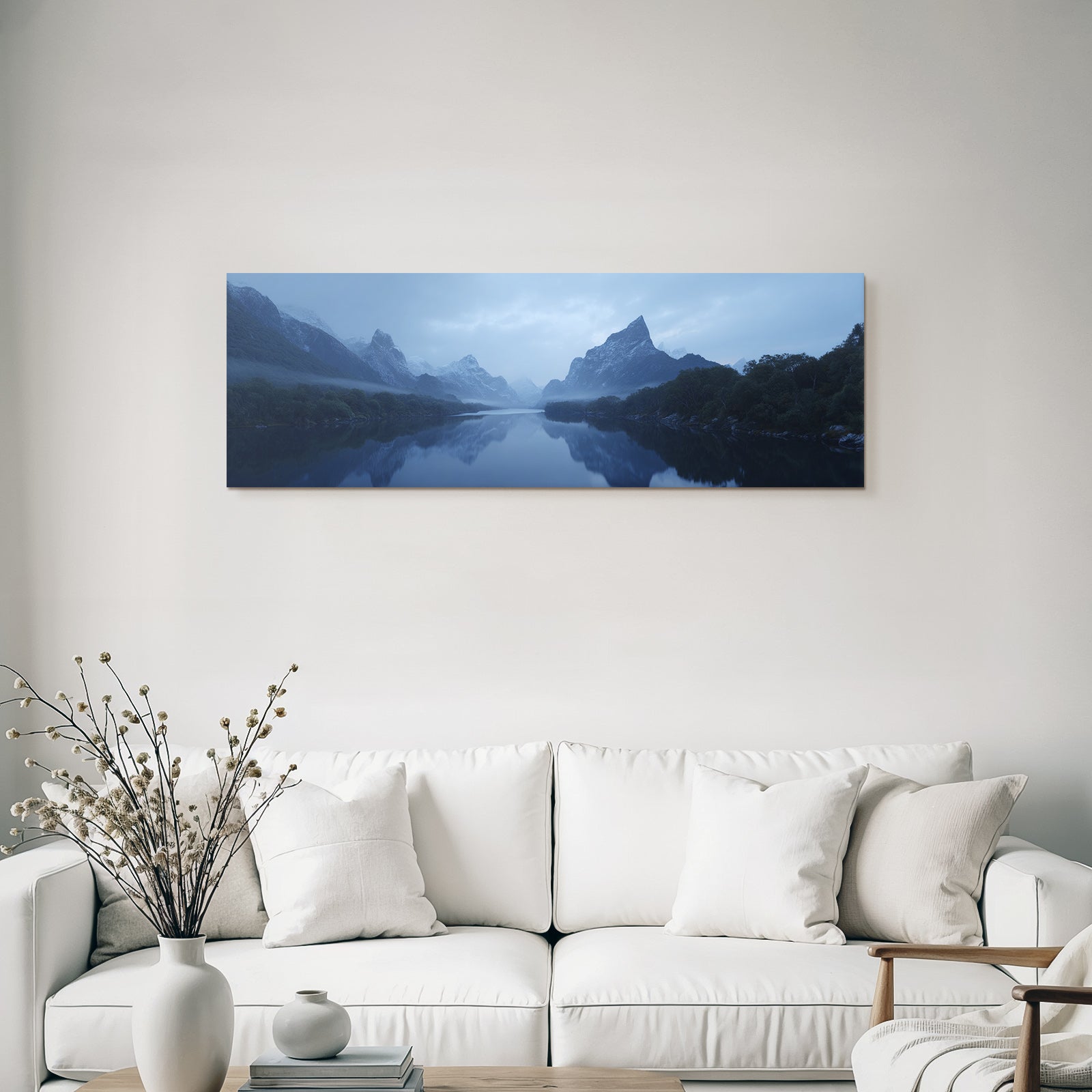 Ruhige Landschaft Mit Bergen Und Fluss Morgendämmerung