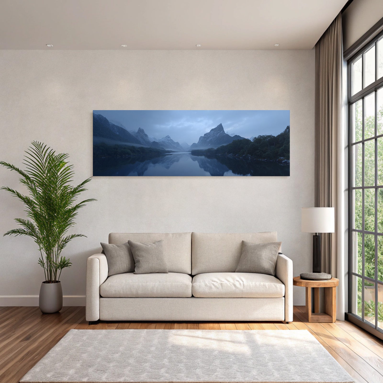 Ruhige Landschaft Mit Bergen Und Fluss Morgendämmerung