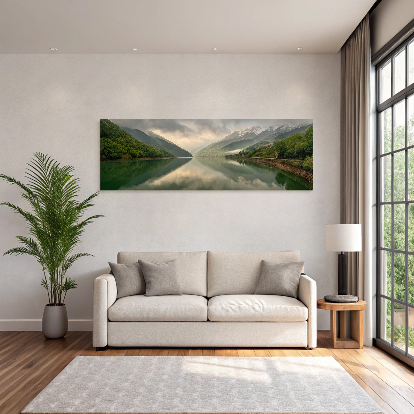 Ruhige Landschaft Mit Fluss Und Nebel Hügel Und Berge
