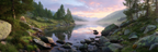 Ruhige Landschaft Mit See Und Bergen Bei Sonnenaufgang Oder Sonnenuntergang | Seen und Unterwasserwelten | Landschaften