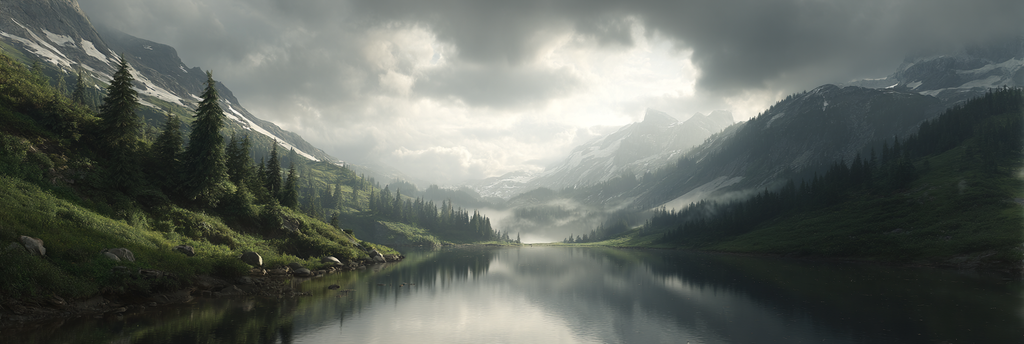 Ruhige Landschaft Mit See Und Bergen Mit Nebel Und Schnee | Seen und Unterwasserwelten | Landschaften