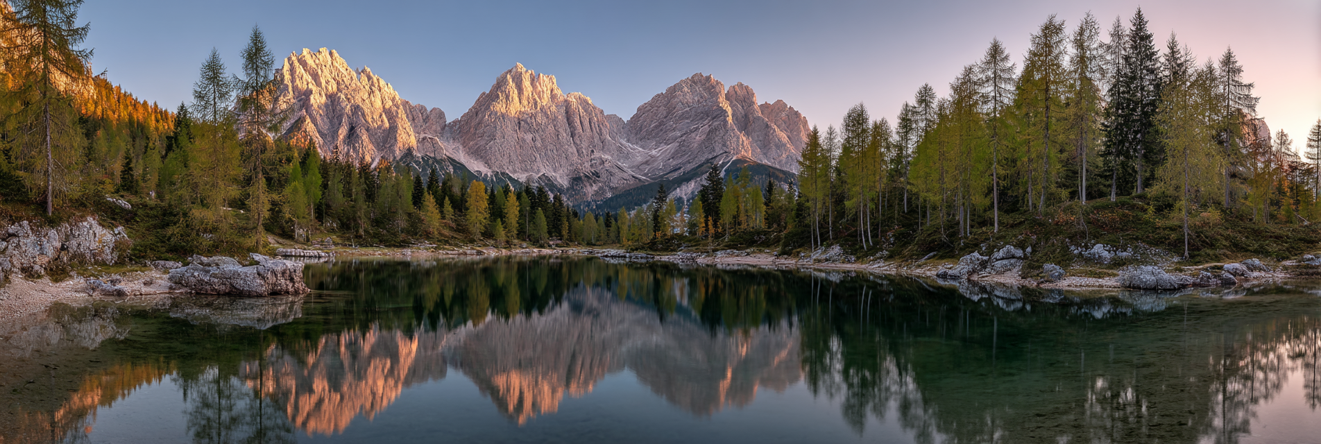 Stimmungsvolle Landschaft See Umgeben Von Baeumen Und Bergen Bei Sonnenaufgang | Seen und Unterwasserwelten | Landschaften