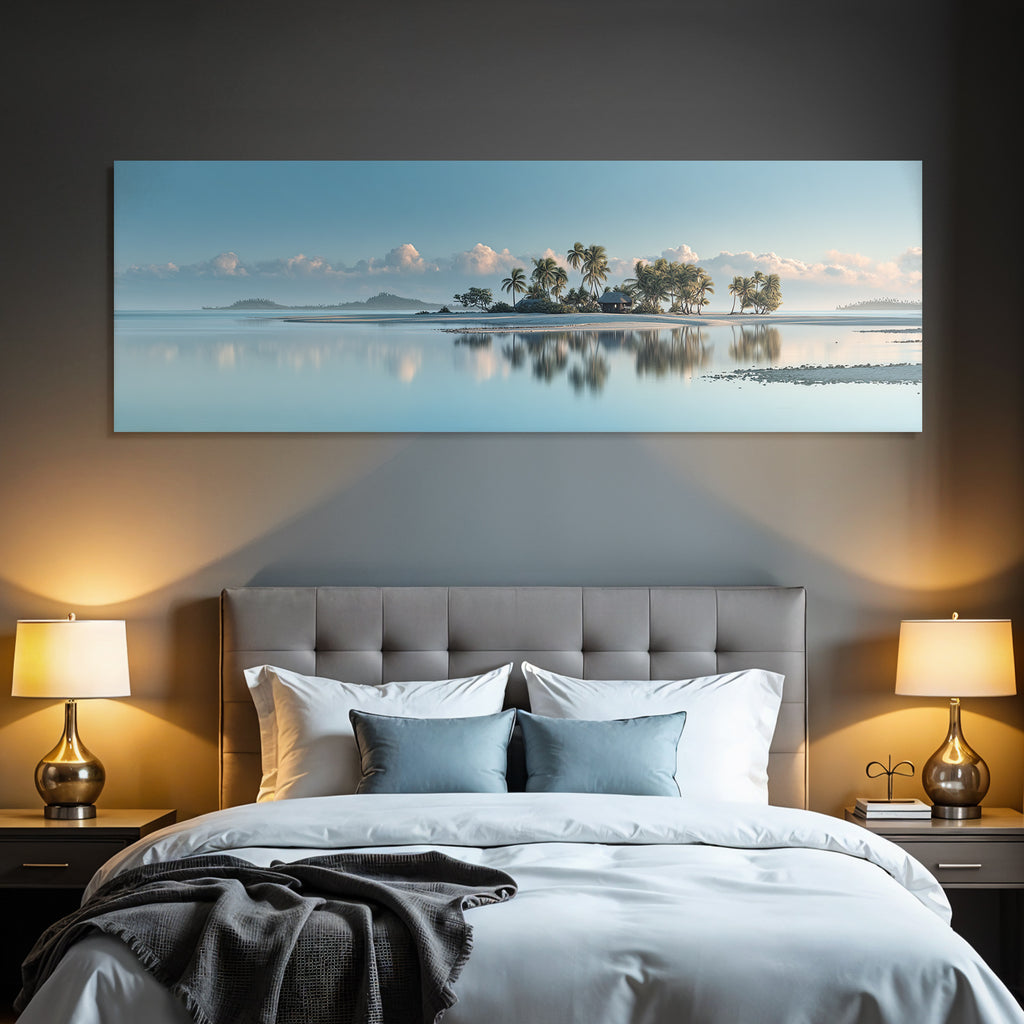Tropische Landschaft Insel Hütten Palmbaeume Ruhe Bei Sonnenaufgang Sonnenuntergang