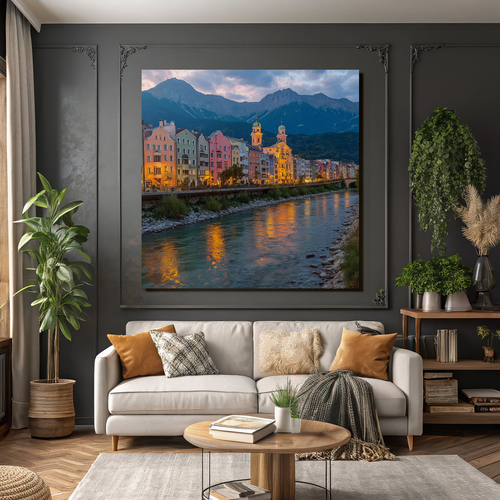 Bunte Flussufer Stadtlandschaft Mit Bergen