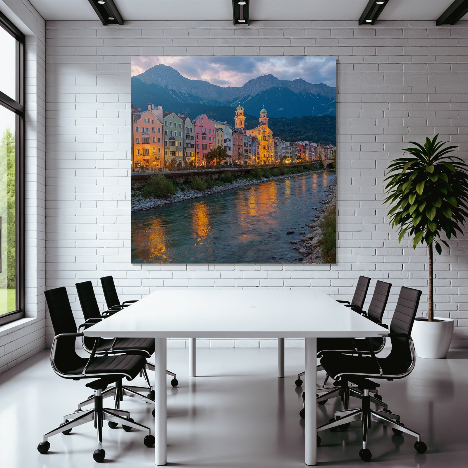 Bunte Flussufer Stadtlandschaft Mit Bergen