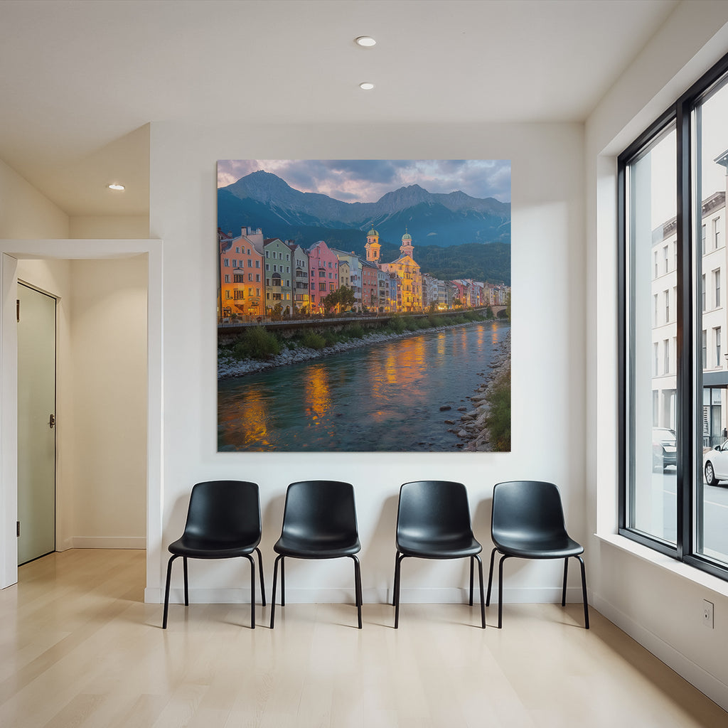 Bunte Flussufer Stadtlandschaft Mit Bergen