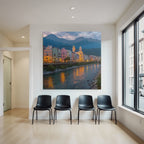 Bunte Flussufer Stadtlandschaft Mit Bergen