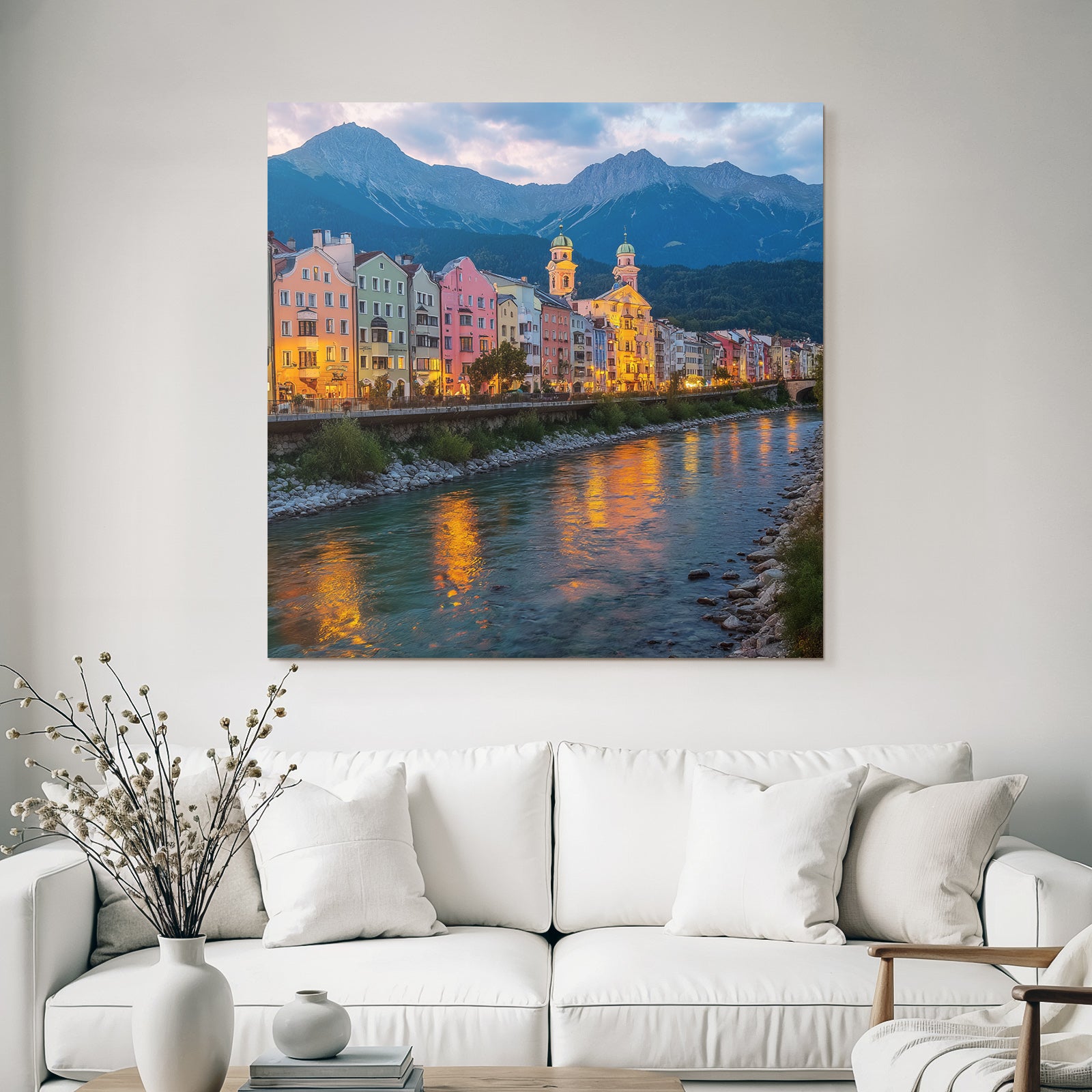 Bunte Flussufer Stadtlandschaft Mit Bergen