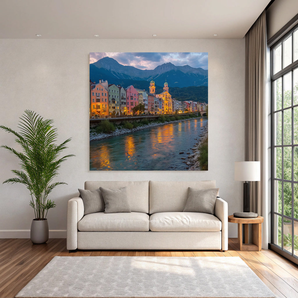 Bunte Flussufer Stadtlandschaft Mit Bergen