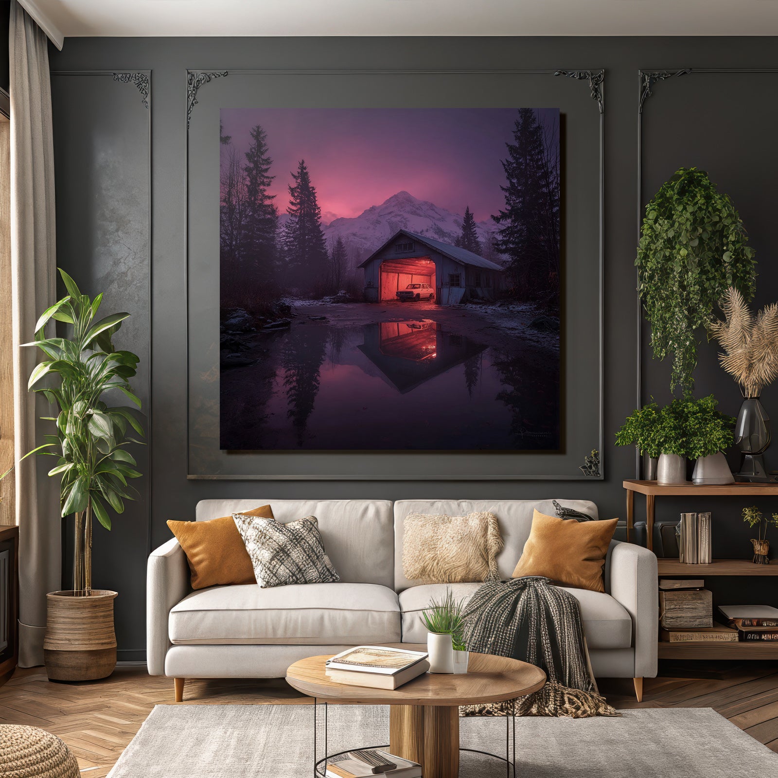 Garage Im Berglandschaft Bei Dämmerung Mit Dem Wasser Reflexion