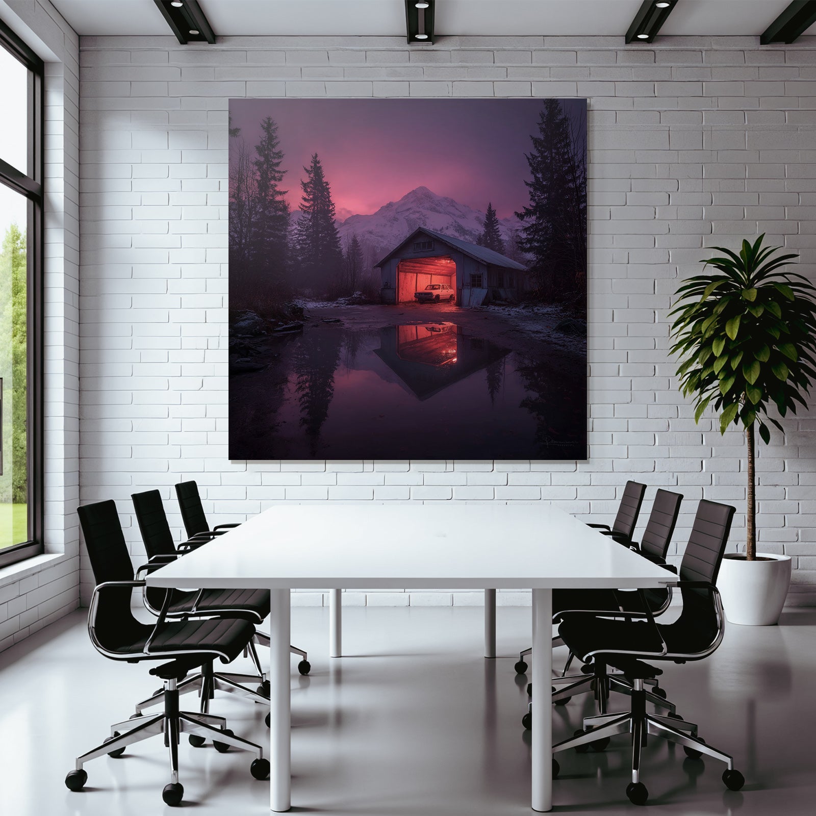 Garage Im Berglandschaft Bei Dämmerung Mit Dem Wasser Reflexion