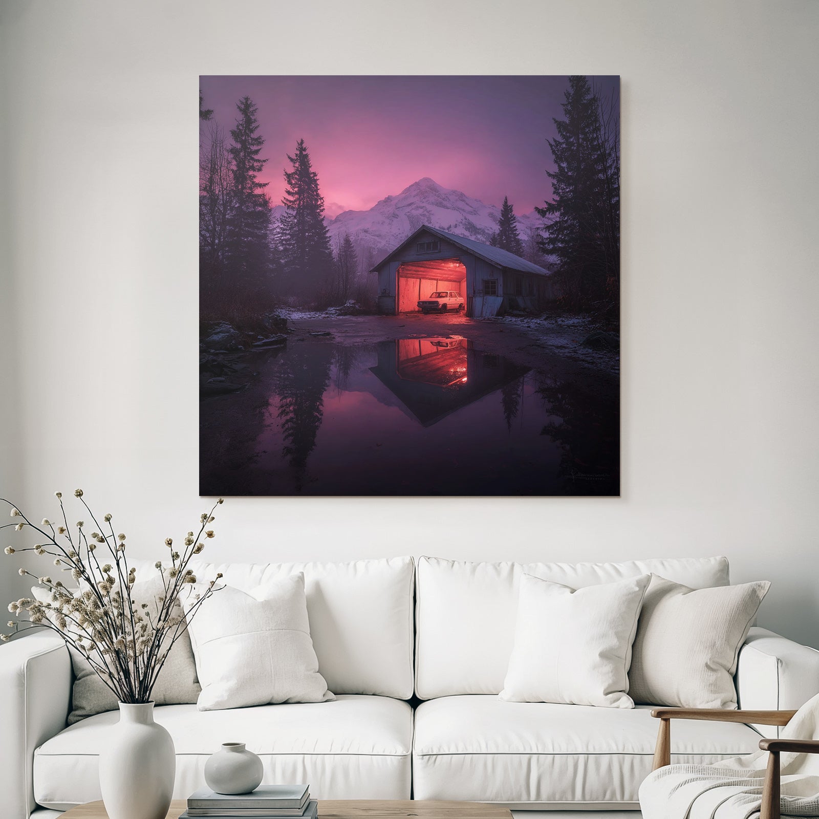 Garage Im Berglandschaft Bei Dämmerung Mit Dem Wasser Reflexion