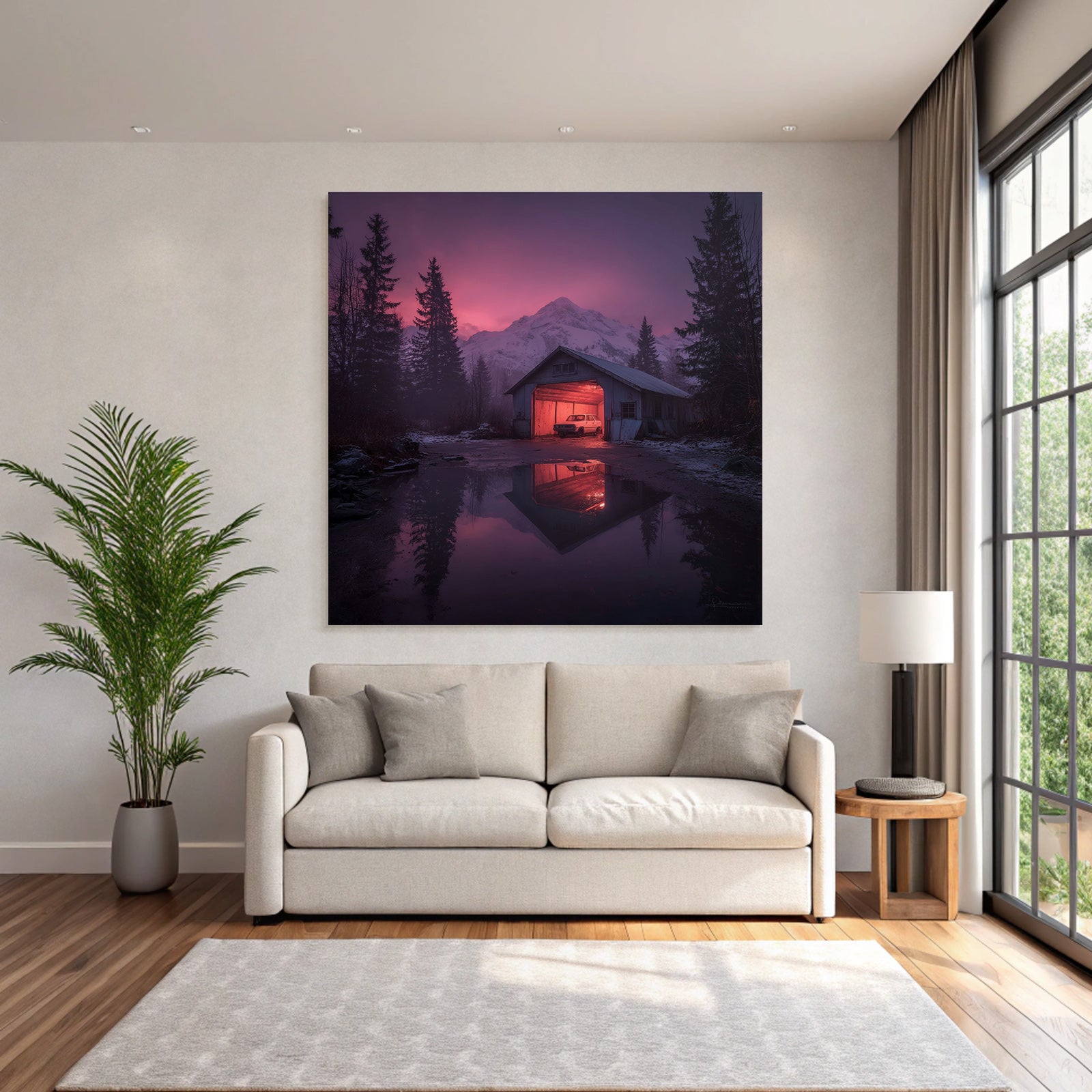 Garage Im Berglandschaft Bei Dämmerung Mit Dem Wasser Reflexion