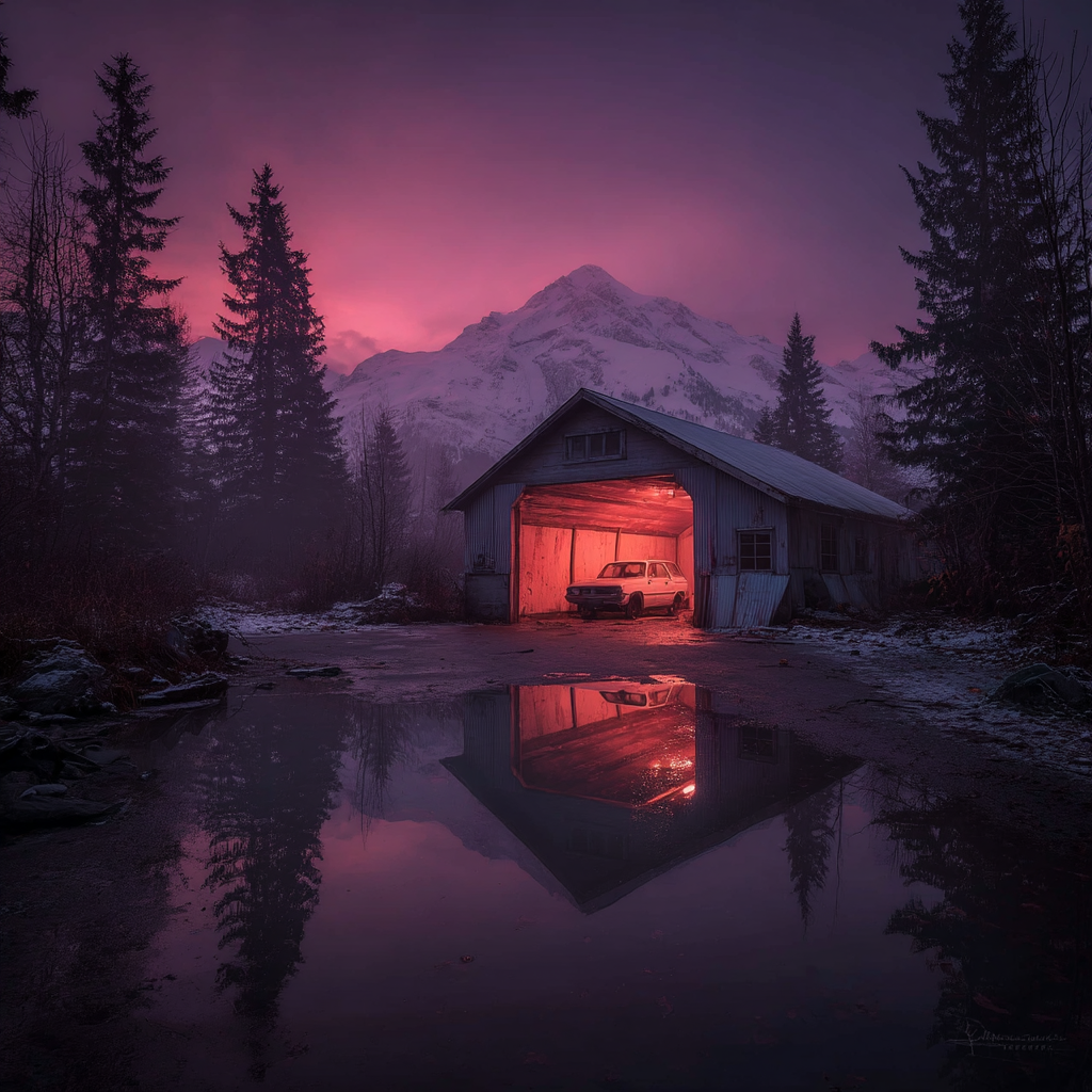 Garage Im Berglandschaft Bei Dämmerung Mit Dem Wasser Reflexion | Seen und Unterwasserwelten | Landschaften