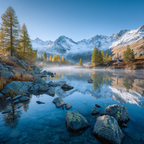 Idyllische Landschaft See Felsen Gebirge Schneebedeckte Spitzen Herbstlaub Reflexionen | Seen und Unterwasserwelten | Landschaften