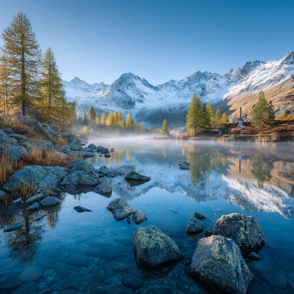 Idyllische Landschaft See Felsen Gebirge Schneebedeckte Spitzen Herbstlaub Reflexionen | Seen und Unterwasserwelten | Landschaften