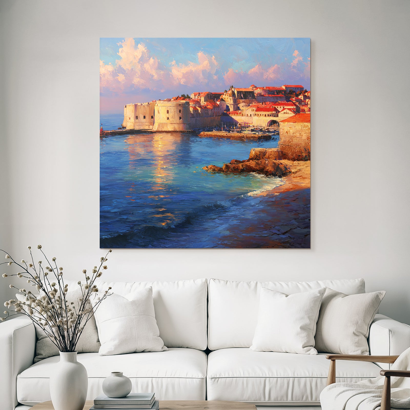 Küstendorf Mit Hafen Und Befestigungsanlage Impressionistisch