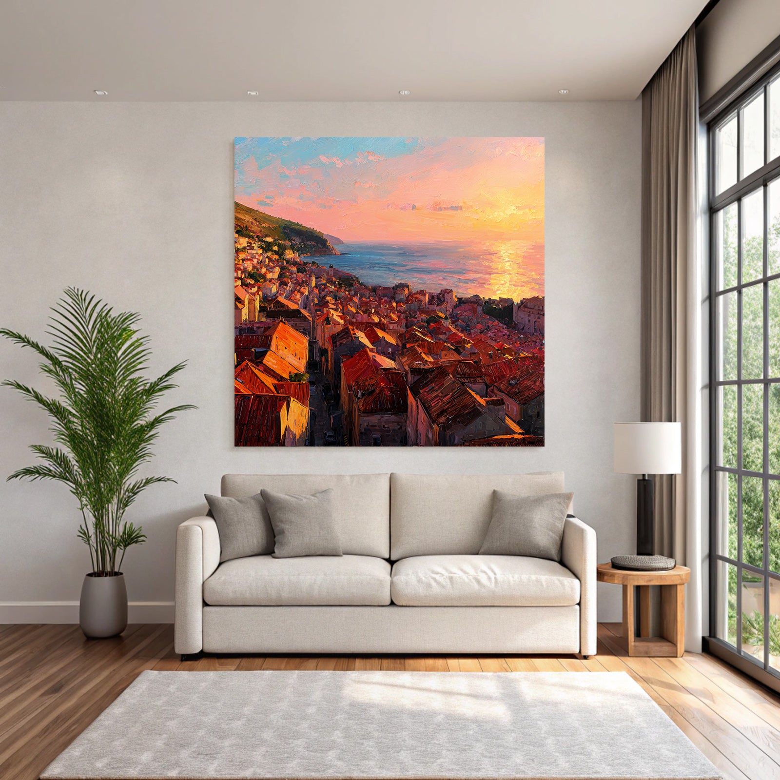 Küstenstadt Beim Sonnenuntergang Mit Pastellfarbenem Himmel