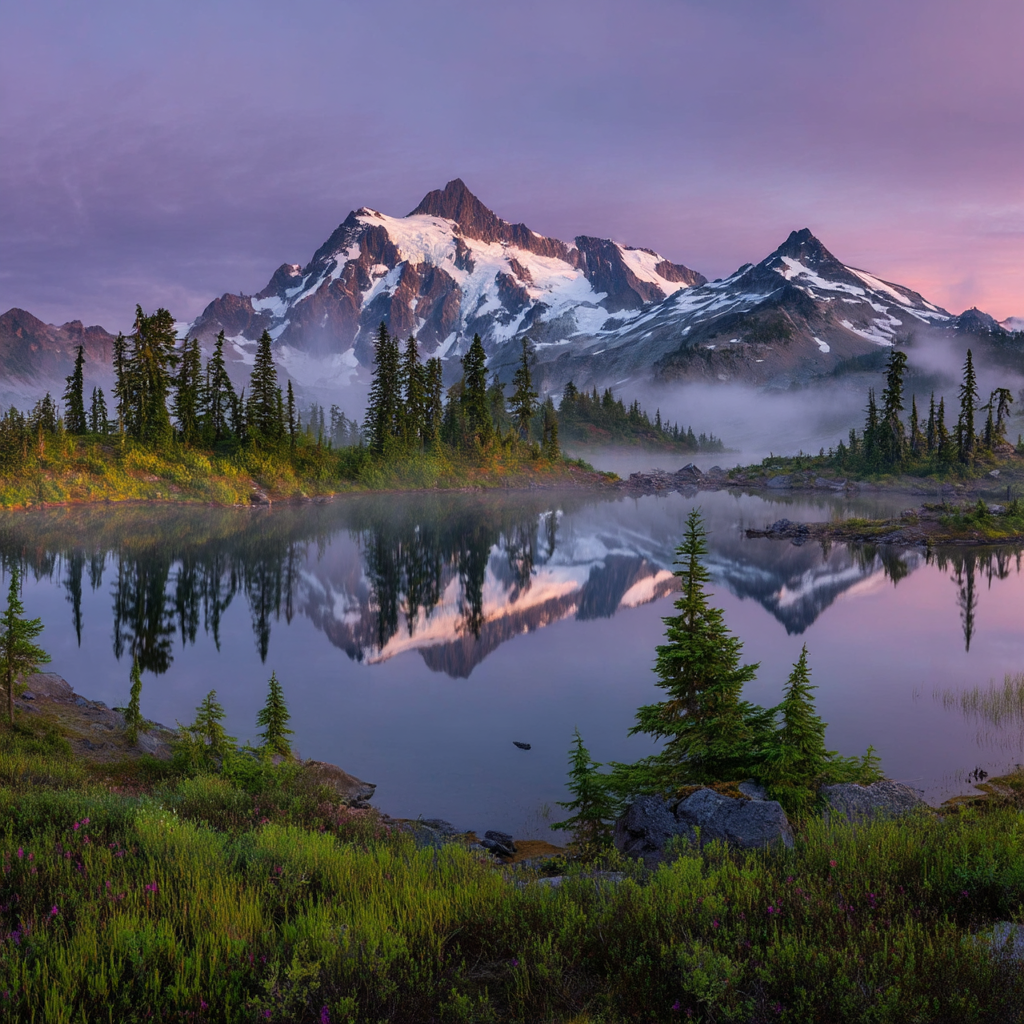 Majestätische Berge Reflektiert Im See Mit Nebel Und Grünen Baeumen | Seen und Unterwasserwelten | Landschaften