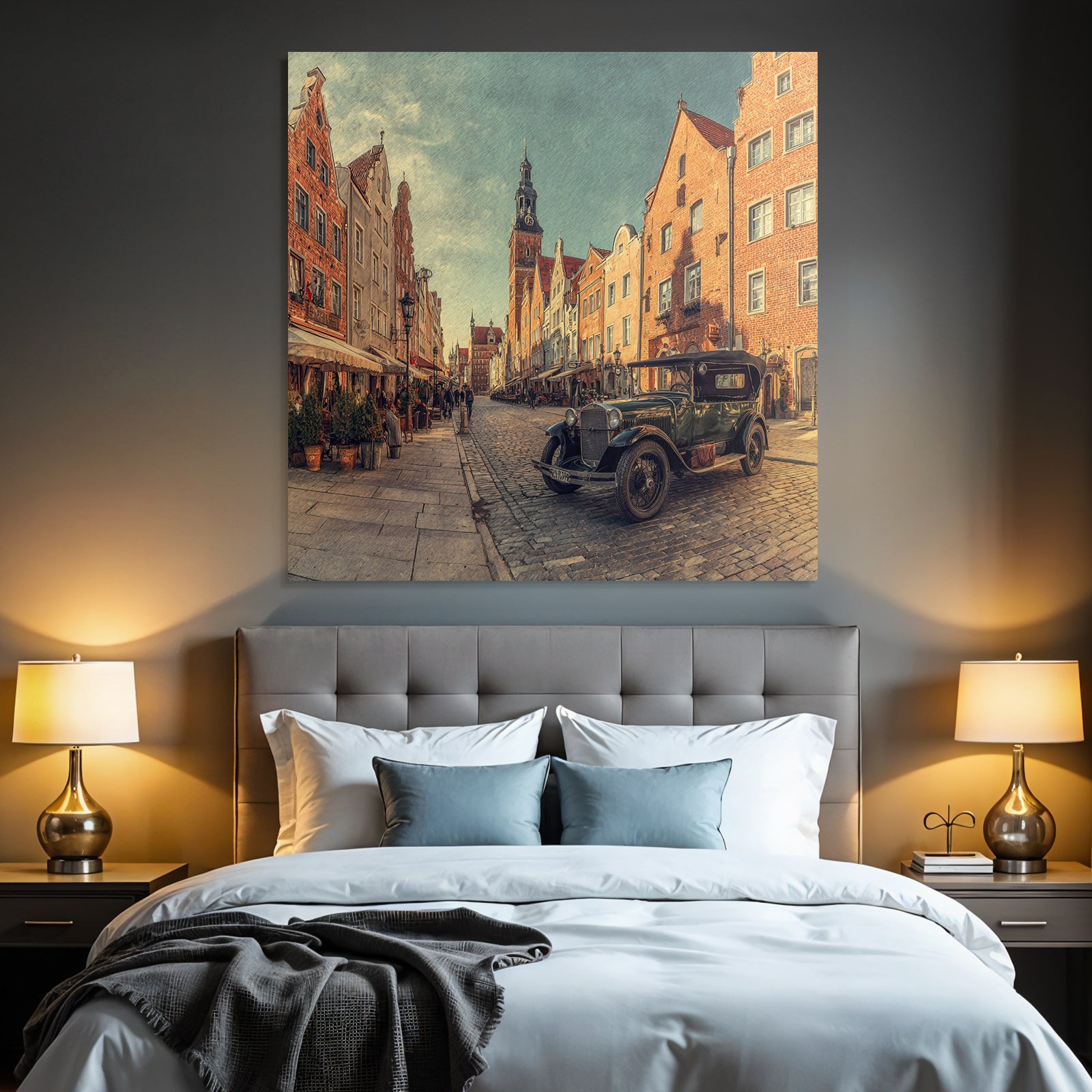 Malerische Strassenszene Mit Vintage Auto Und Historischen Gebaüden