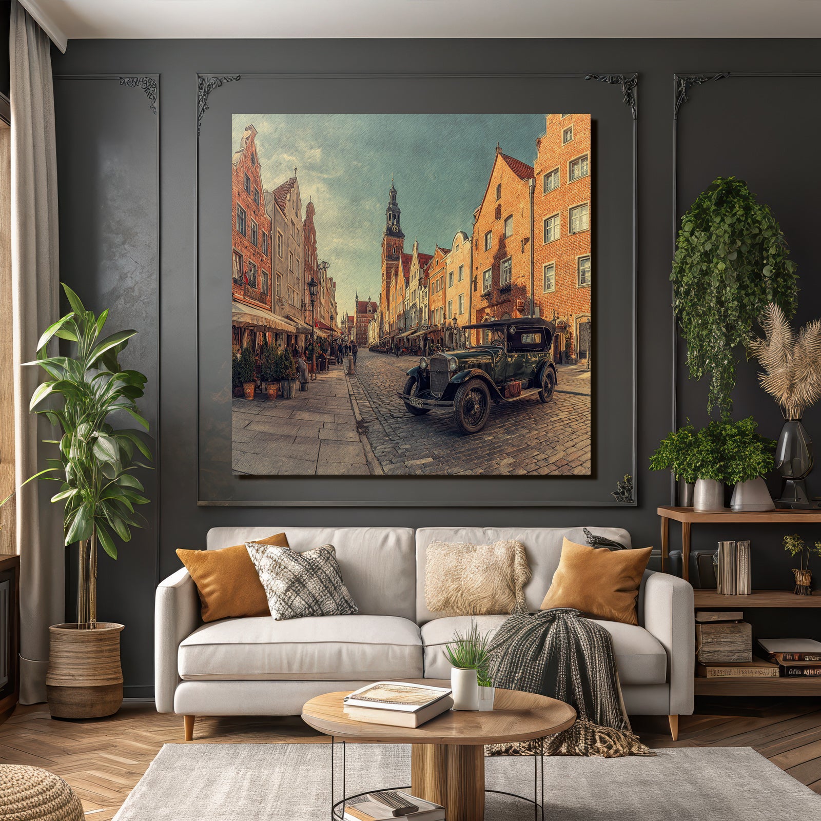 Malerische Strassenszene Mit Vintage Auto Und Historischen Gebaüden