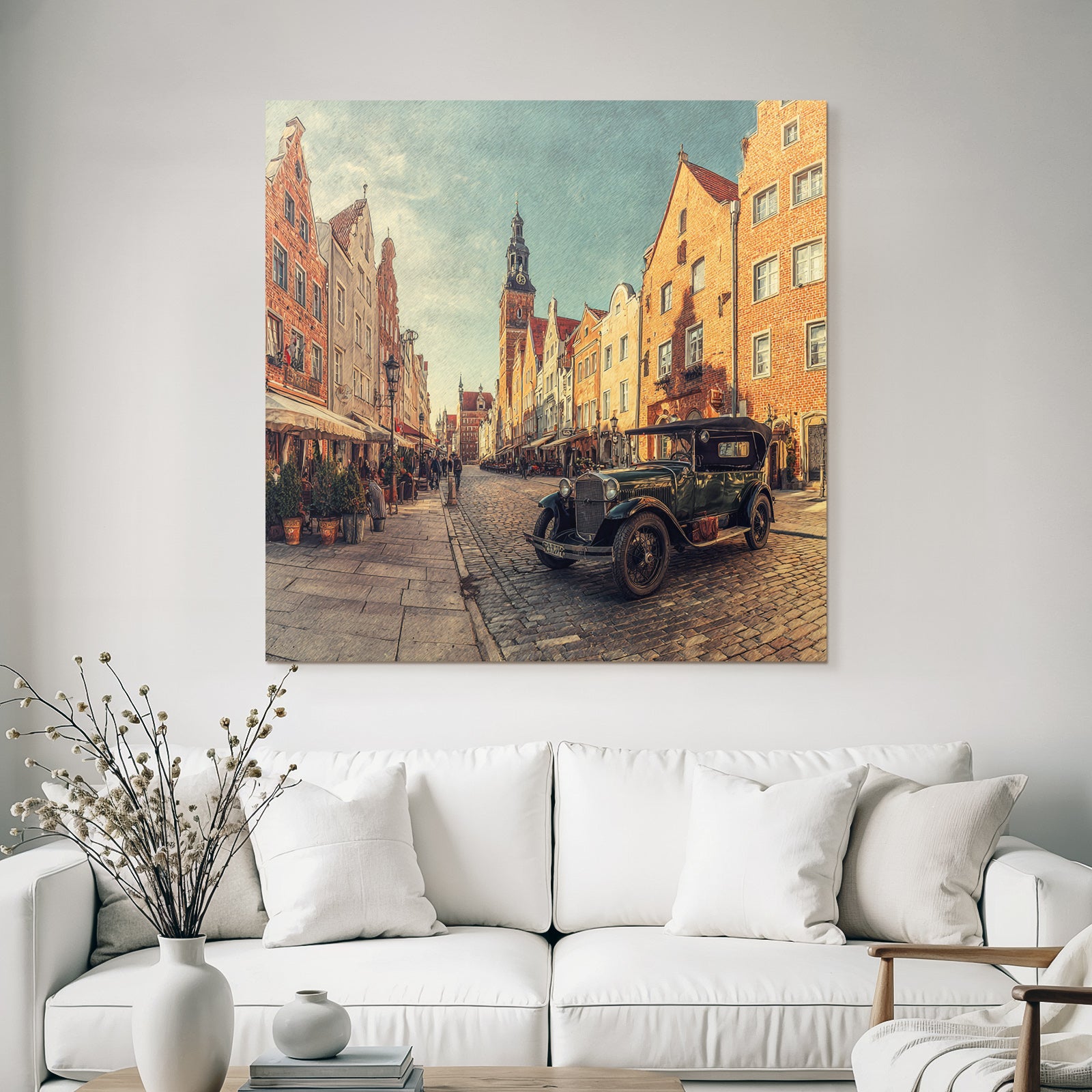 Malerische Strassenszene Mit Vintage Auto Und Historischen Gebaüden