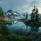 Ruhige Landschaft Berge Schnee See Grünery Mist | Seen und Unterwasserwelten | Landschaften