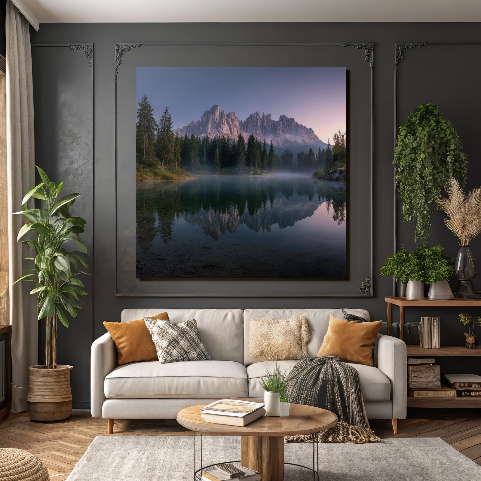 Ruhige Landschaft Mit See Baeumen Und Bergen Im Hintergrund Dawn Dusk