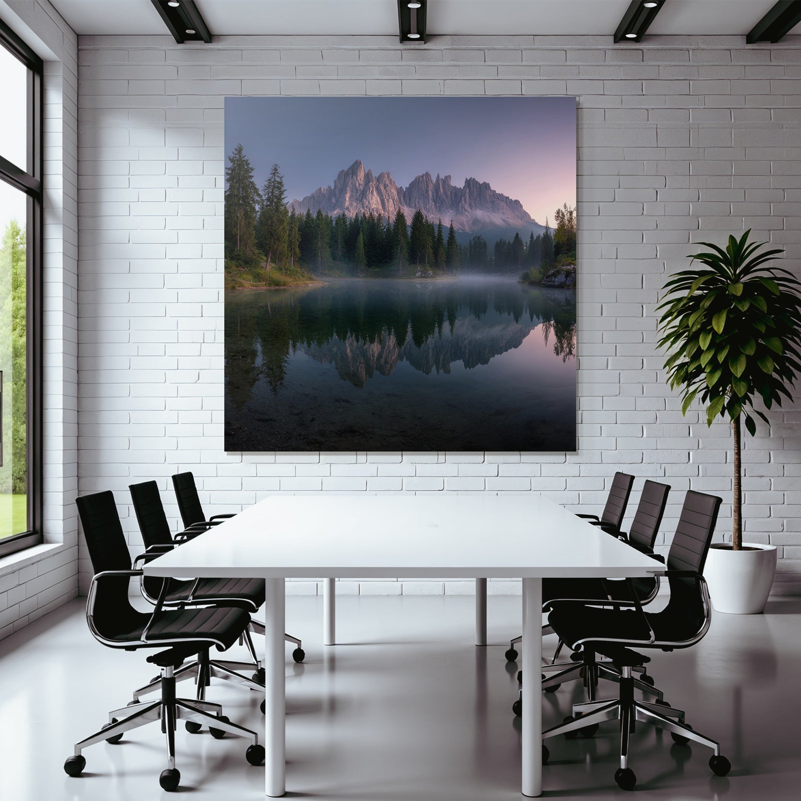 Ruhige Landschaft Mit See Baeumen Und Bergen Im Hintergrund Dawn Dusk