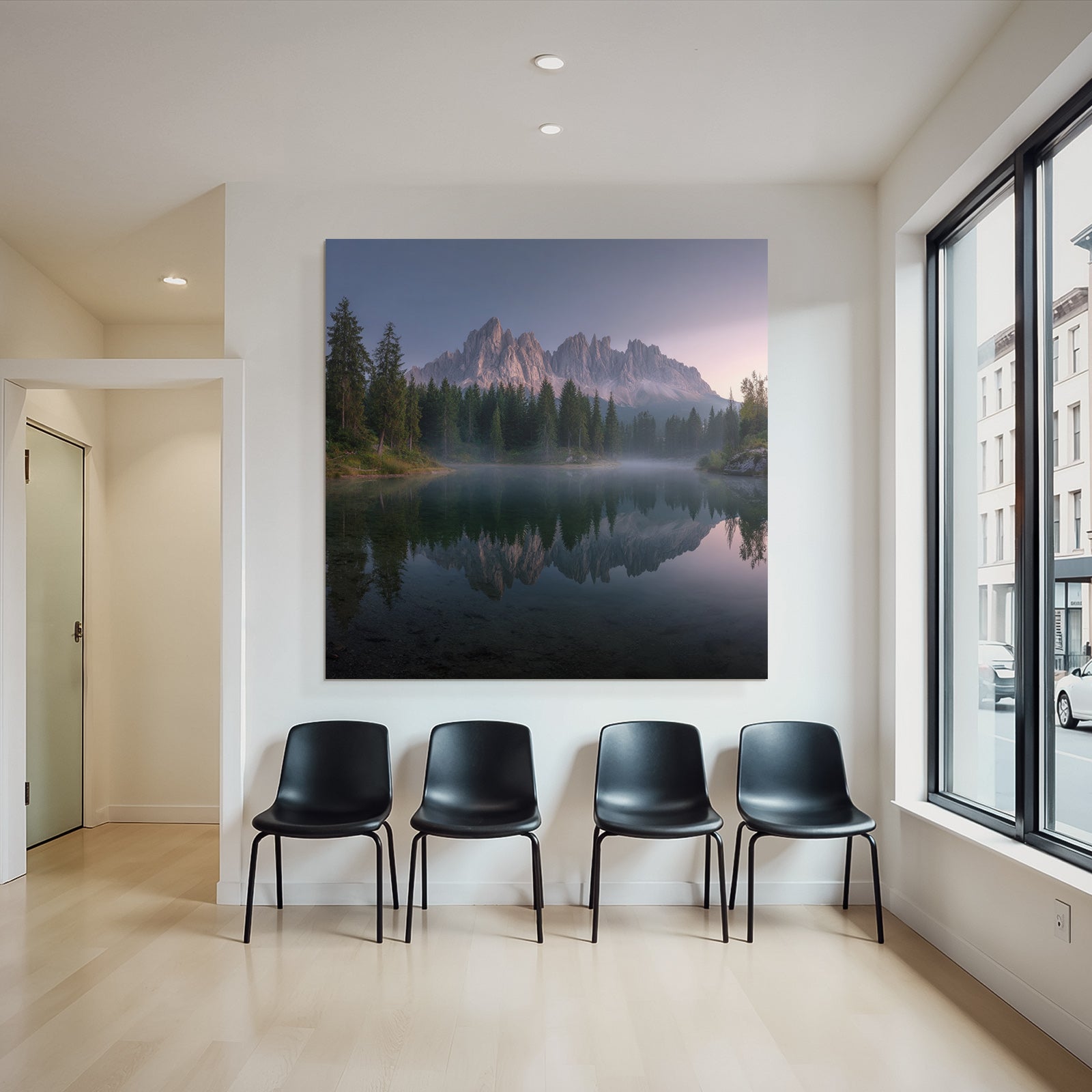 Ruhige Landschaft Mit See Baeumen Und Bergen Im Hintergrund Dawn Dusk
