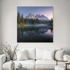 Ruhige Landschaft Mit See Baeumen Und Bergen Im Hintergrund Dawn Dusk