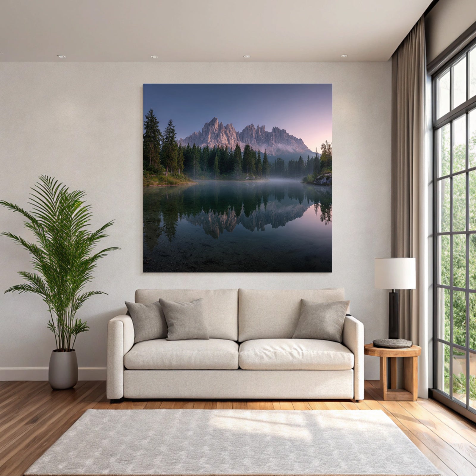 Ruhige Landschaft Mit See Baeumen Und Bergen Im Hintergrund Dawn Dusk