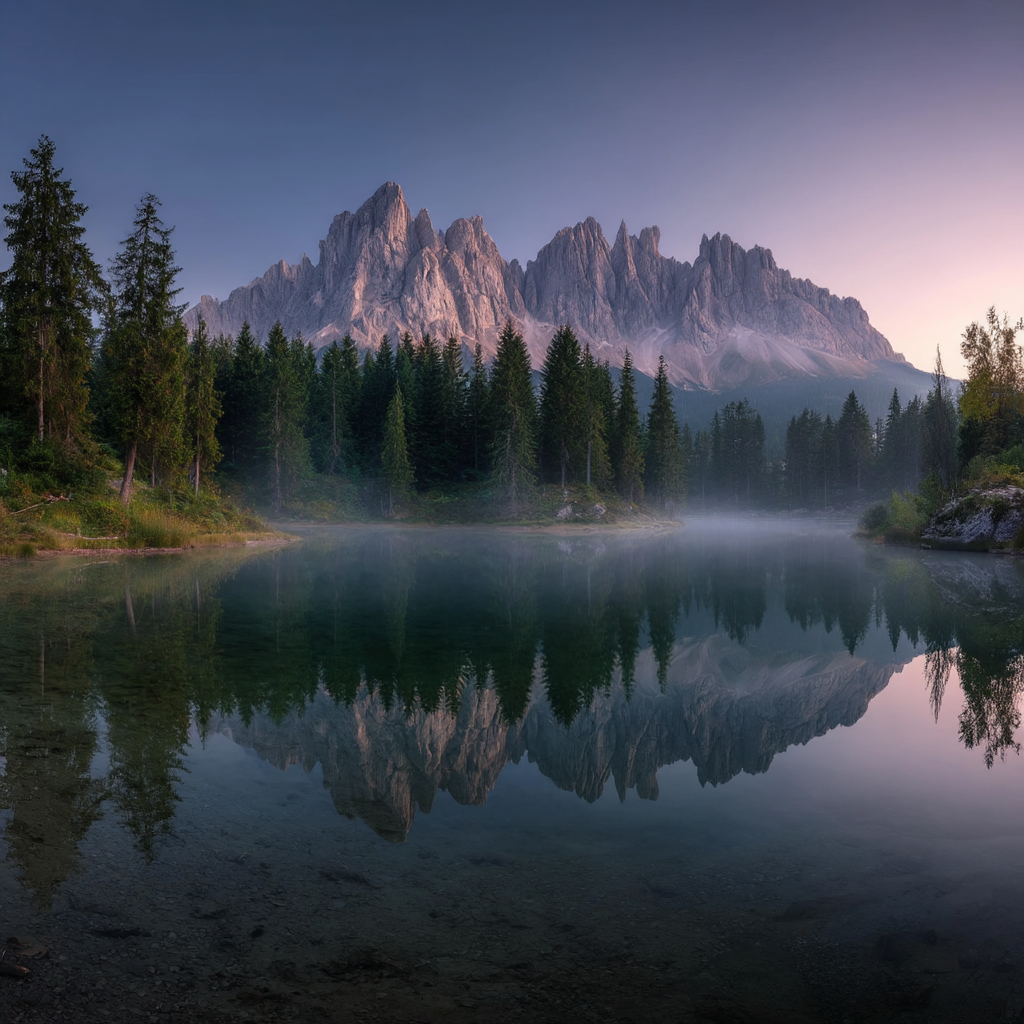 Ruhige Landschaft Mit See Baeumen Und Bergen Im Hintergrund Dawn Dusk | Seen und Unterwasserwelten | Landschaften