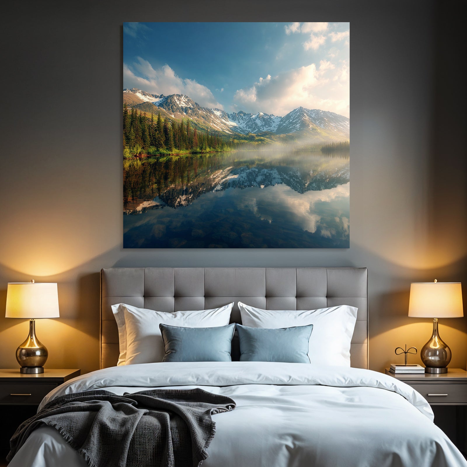 Ruhige Landschaft Reflektierendes Wasser Gebirge Baeume Schneebedeckte Gipfel