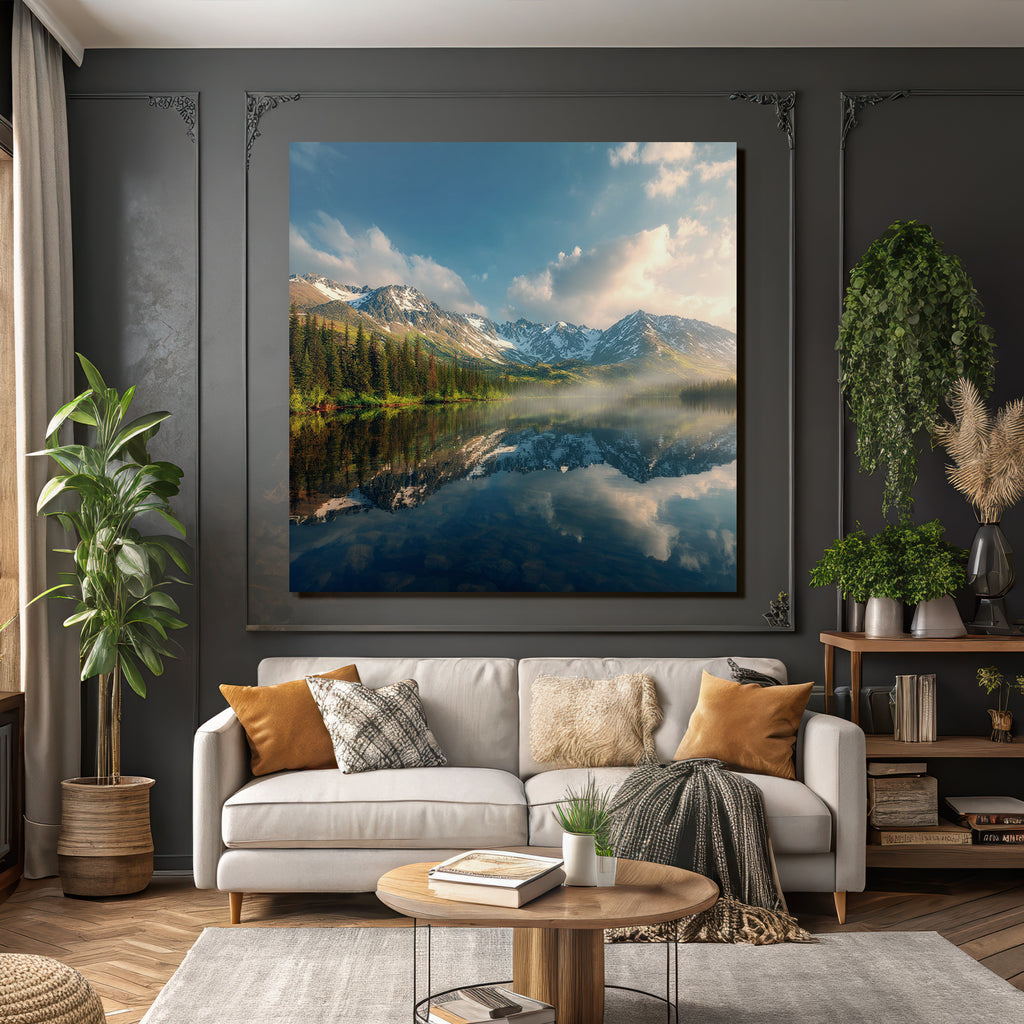 Ruhige Landschaft Reflektierendes Wasser Gebirge Baeume Schneebedeckte Gipfel