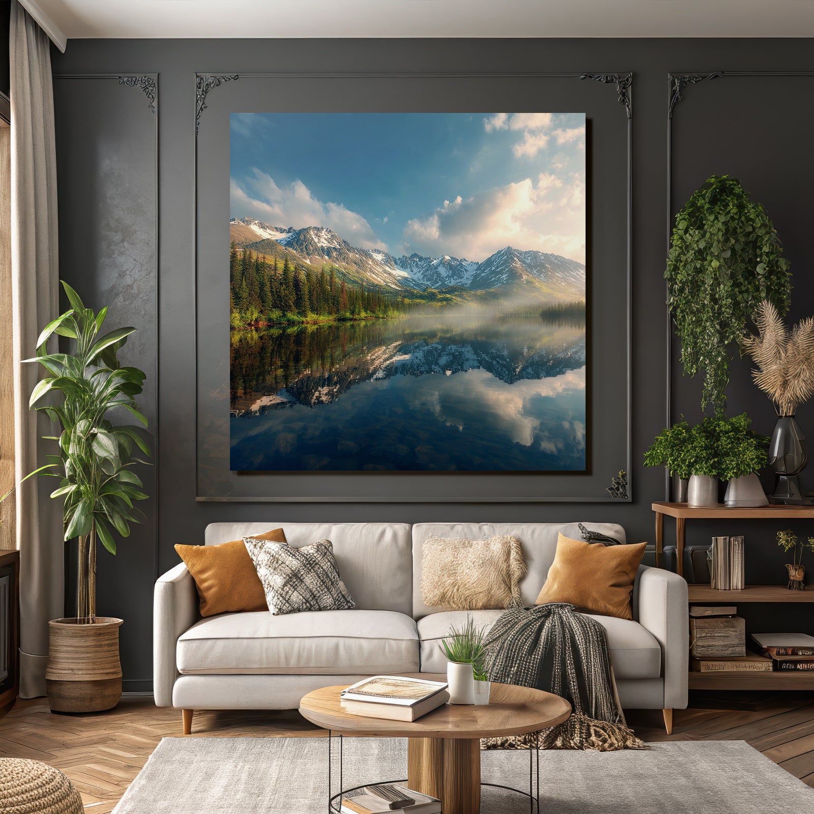 Ruhige Landschaft Reflektierendes Wasser Gebirge Baeume Schneebedeckte Gipfel