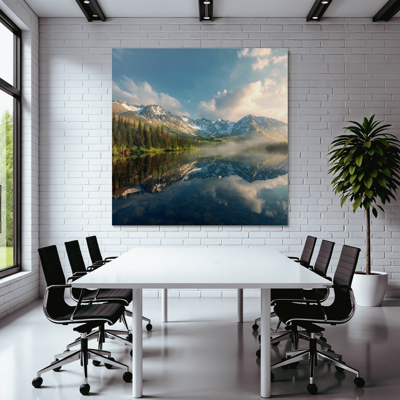 Ruhige Landschaft Reflektierendes Wasser Gebirge Baeume Schneebedeckte Gipfel