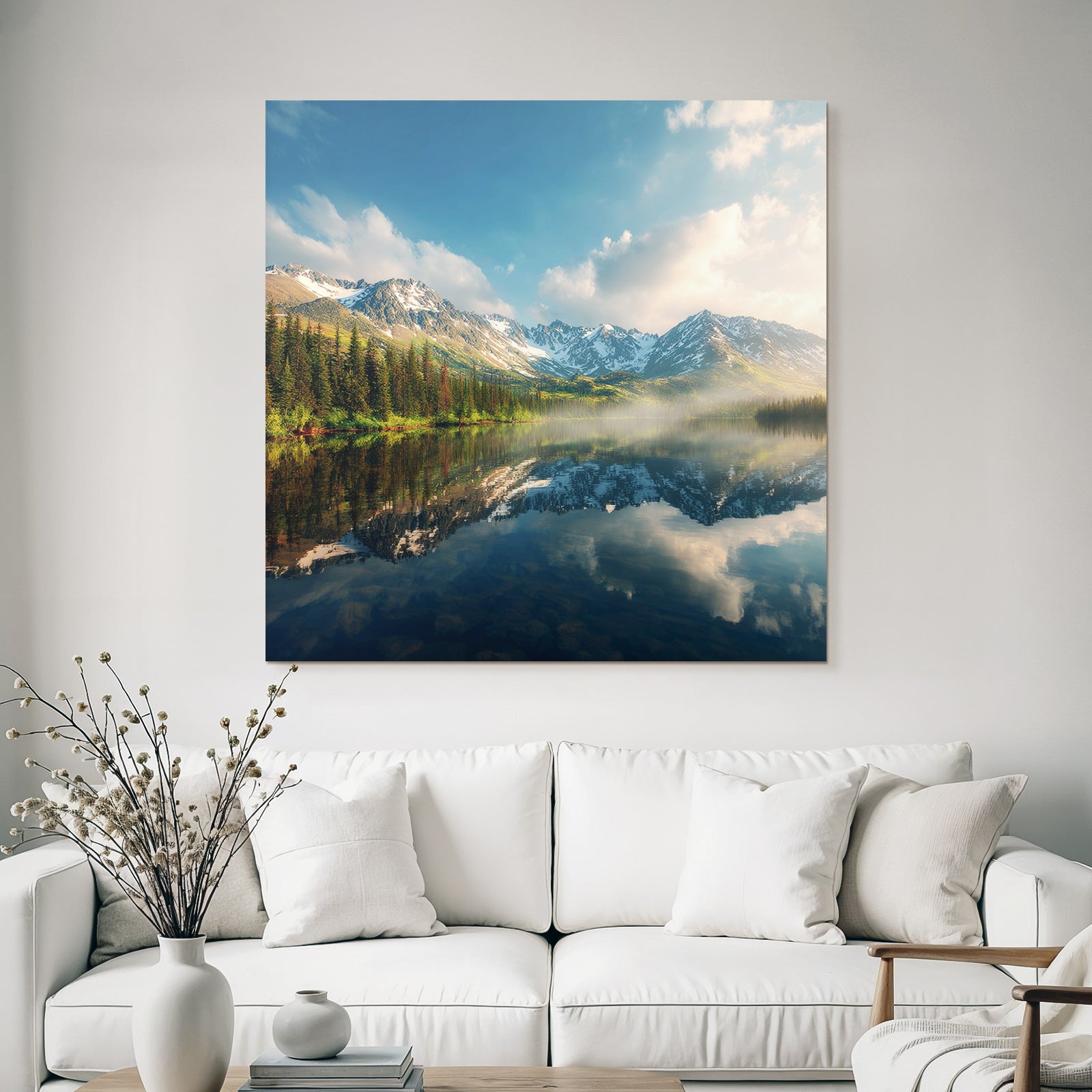 Ruhige Landschaft Reflektierendes Wasser Gebirge Baeume Schneebedeckte Gipfel
