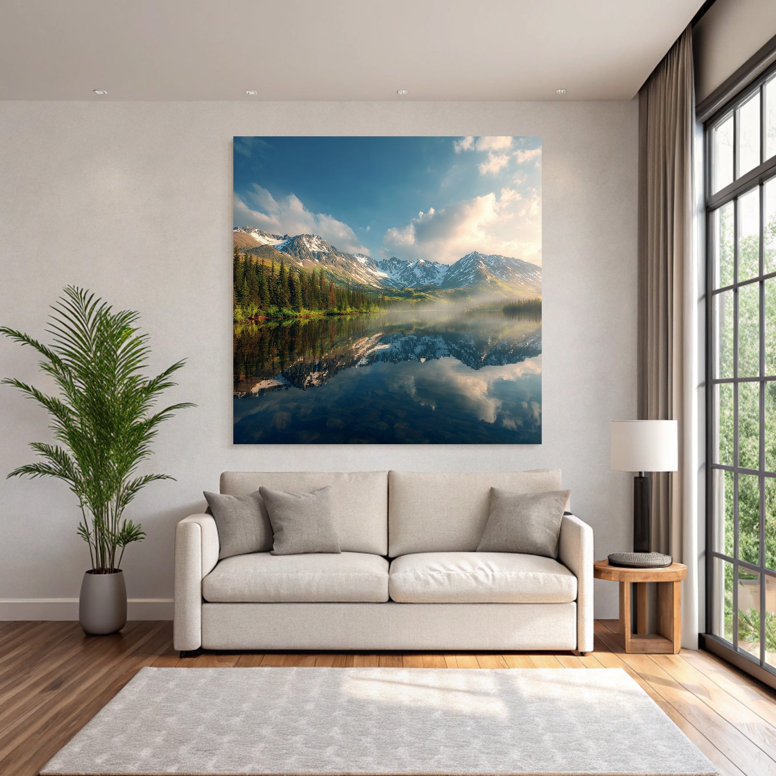 Ruhige Landschaft Reflektierendes Wasser Gebirge Baeume Schneebedeckte Gipfel