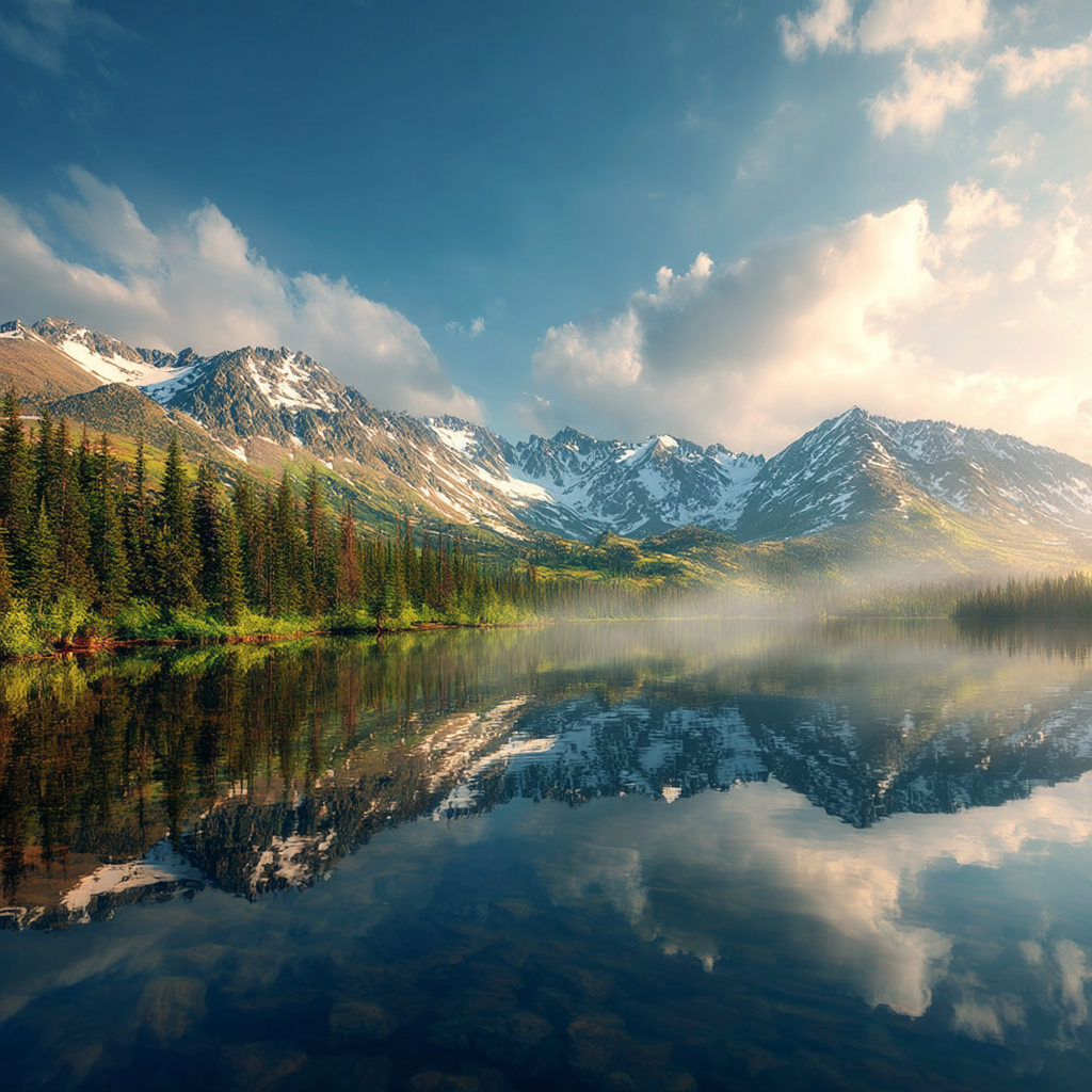 Ruhige Landschaft Reflektierendes Wasser Gebirge Baeume Schneebedeckte Gipfel | Seen und Unterwasserwelten | Landschaften