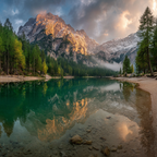 Tranquiler See Umgeben Von Bergen Und Wäldern Sonnenaufgang Oder Sonnenuntergang | Seen und Unterwasserwelten | Landschaften