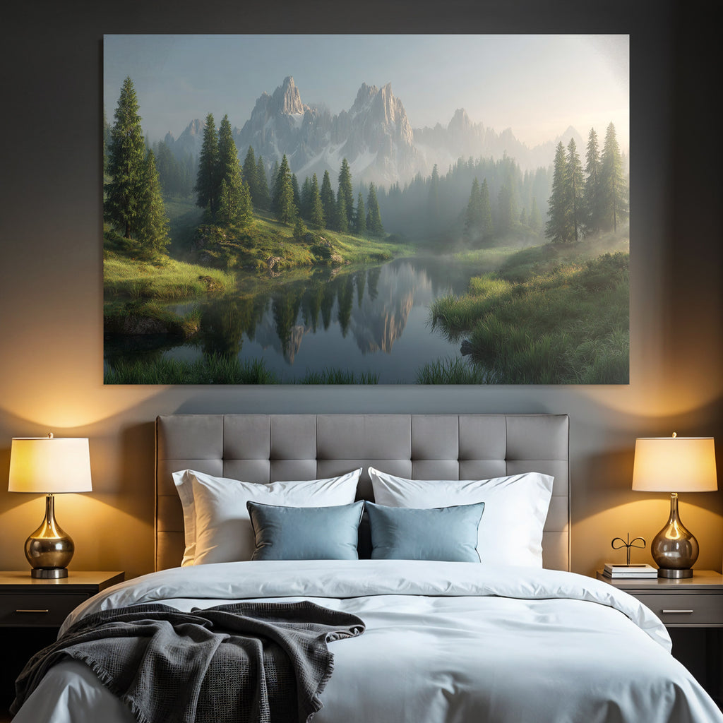 Friedliche Landschaft Gebaeude Mit Bergzug Und See