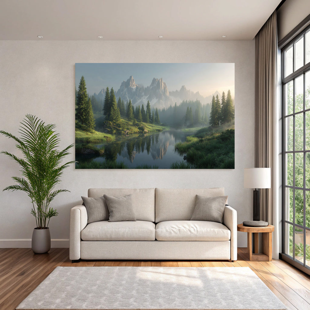 Friedliche Landschaft Gebaeude Mit Bergzug Und See