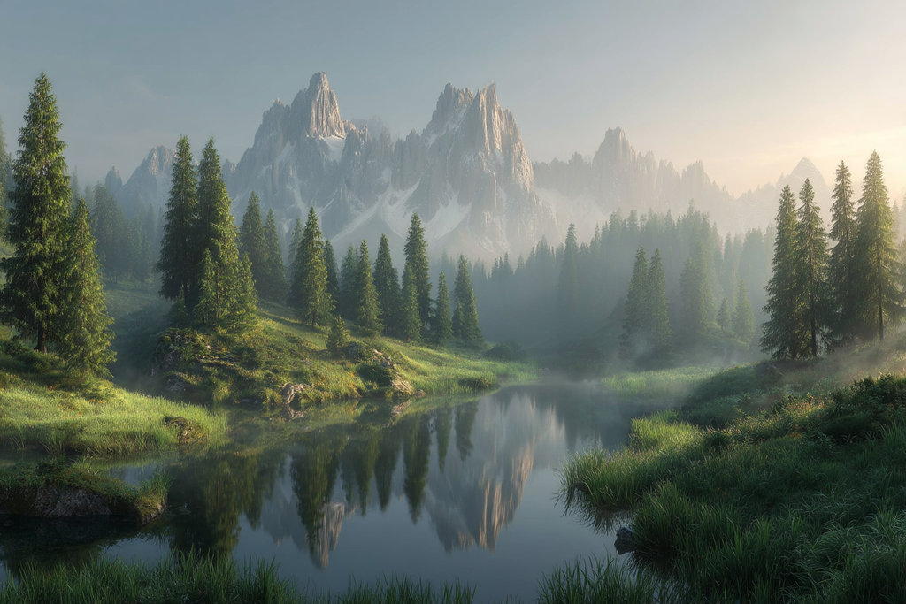 Friedliche Landschaft Gebaeude Mit Bergzug Und See | Seen und Unterwasserwelten | Landschaften