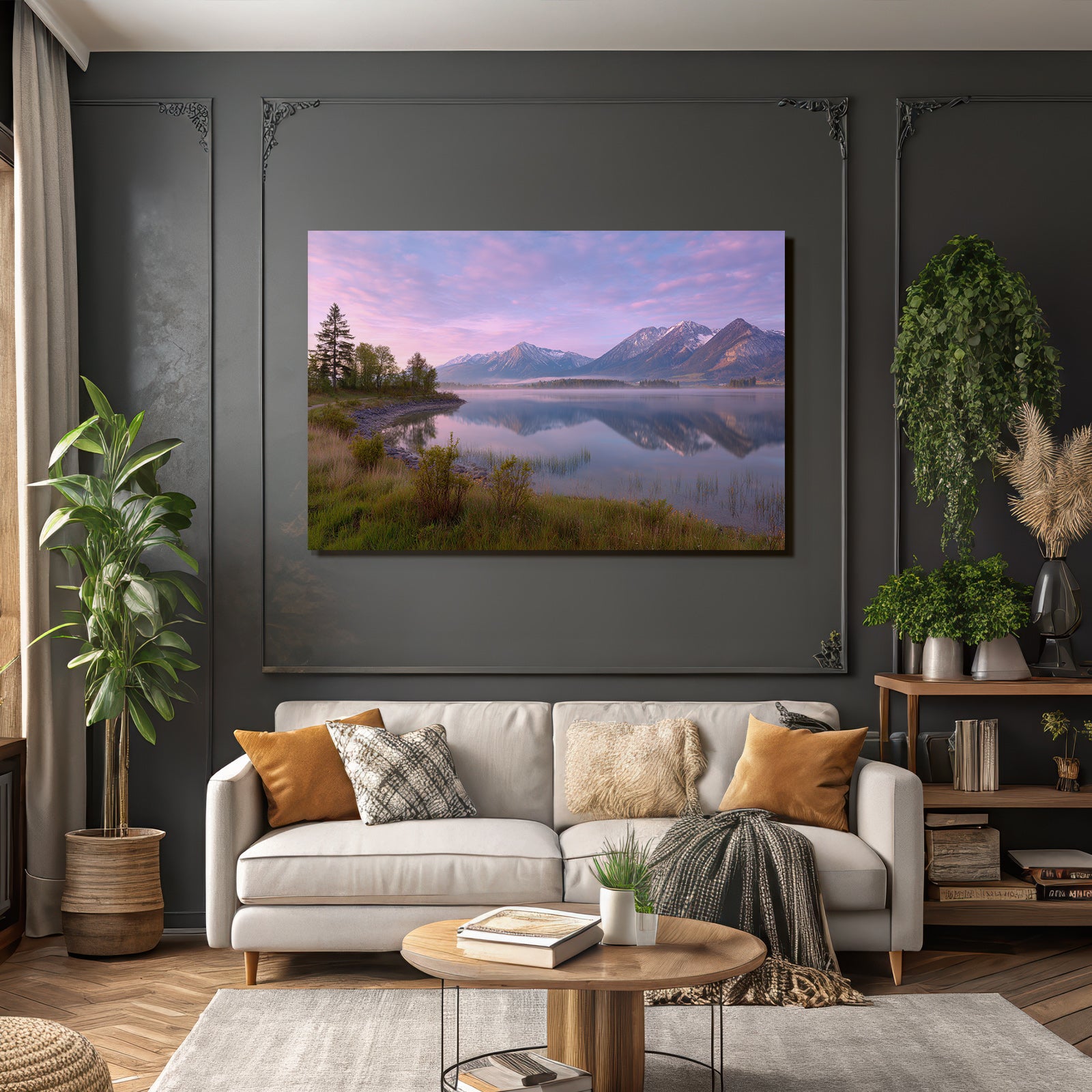 Friedliche Landschaft Mit See Und Bergen Sanfte Farben