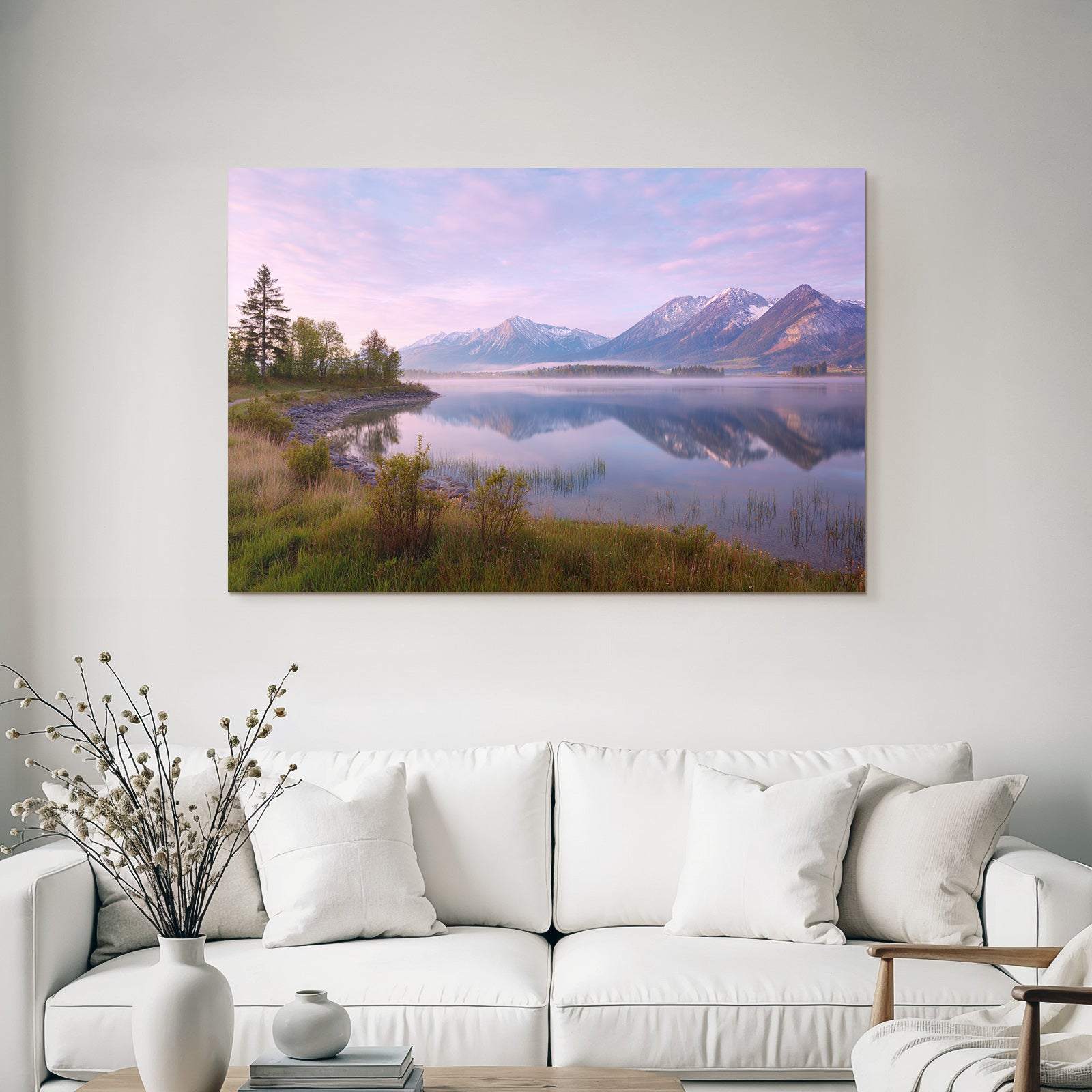 Friedliche Landschaft Mit See Und Bergen Sanfte Farben