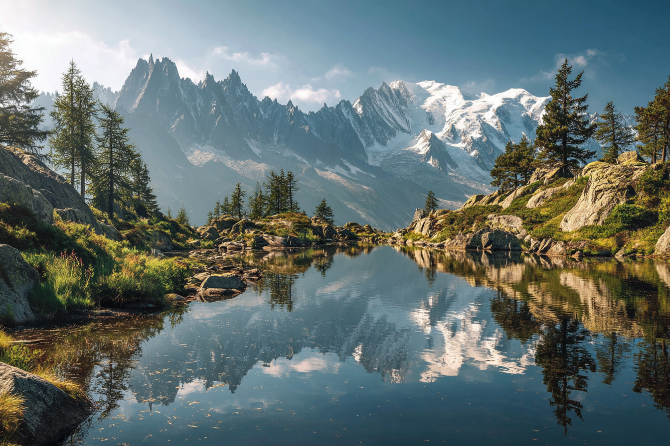 Friedliche Natur Landschaft Mit Schneebedeckten Bergen Und Reflektierendem Wasser | Seen und Unterwasserwelten | Landschaften